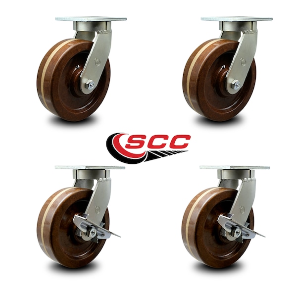 10 Inch Heavy Duty High Temp Phenolic Swivel Caster Set with 2 Brakes, 4PK